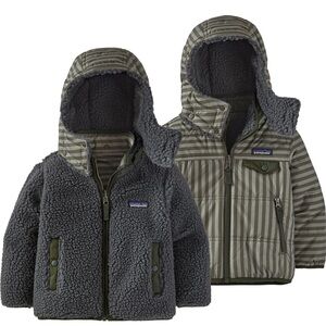 Patagonia Reversible Hooded Puffer & Sherpa Jacket in Gray and Olive Stripe